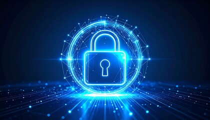 Poster - A digital lock symbol surrounded by glowing lines and dots, representing cybersecurity and data protection in a futuristic environment
