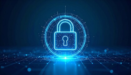 Poster - A glowing blue padlock symbol surrounded by digital circles, representing cybersecurity and data protection