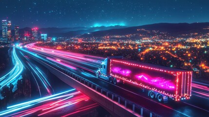 Poster - Night cityscape with illuminated semi-truck speeding on highway.