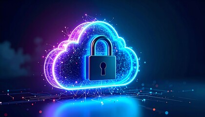 Poster - A glowing cloud with a padlock symbolizes data security and cloud technology, representing the importance of protecting digital information