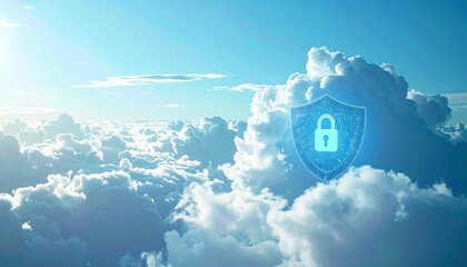 Poster - A digital shield icon representing security floats among soft clouds under a bright sky, symbolizing protection in the digital realm