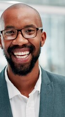Poster - Happy, pride and face of black man in office with confidence for finance career growth. Business, professional and portrait of African male investment banker from Kenya with smile in workplace.