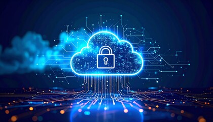 Poster - A digital cloud with a padlock symbolizes cybersecurity, representing data protection and safe online storage