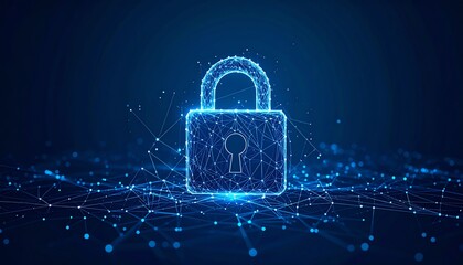 Poster - A digital lock symbol glowing in blue, surrounded by interconnected points of light, representing cybersecurity and data protection