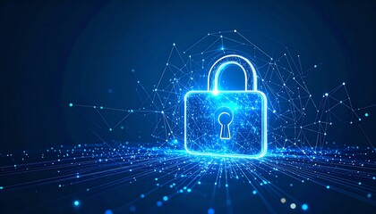 Poster - A glowing digital lock symbol surrounded by a network of connected dots and lines, representing cybersecurity and data protection