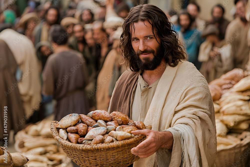 Christianity. Jesus feeds 5,000 with five loaves and two fish. (Mark 6: ...