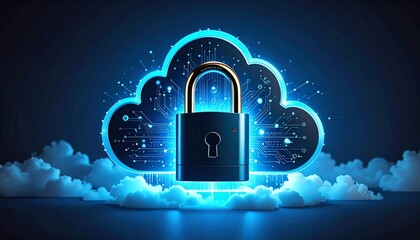 Poster - A digital cloud with a glowing padlock symbolizes cybersecurity and data protection in a tech-savvy environment
