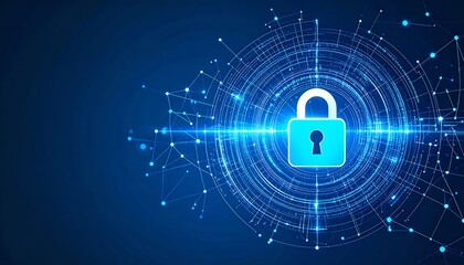 Poster - A digital padlock symbol surrounded by a network of glowing lines and dots, representing cybersecurity and data protection