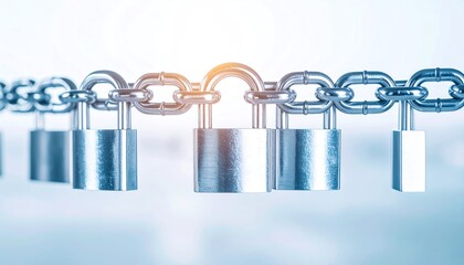 Poster - A close-up of interconnected metal chains and padlocks, symbolizing security, protection, and strength in a digital or physical context