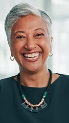 Poster - Happy, laughing and face of mature businesswoman in office with confidence for finance career. Smile, professional and portrait of female investment banker from Brazil with pride in workplace.