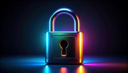 Poster - A metallic padlock illuminated with vibrant colors against a dark background, symbolizing security and protection
