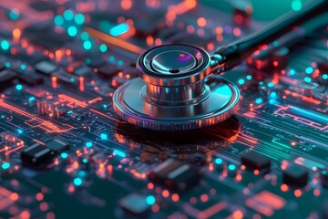 Poster - Medical technology digital health care concept examining a circuit board system close up