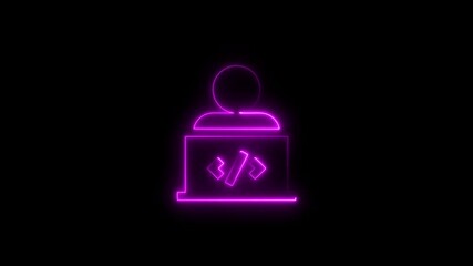 Animated glowing neon programmer working on laptop concept against black background