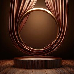 Aufkleber - Elegant product display featuring a wooden podium with a golden ring and draped copper fabric in a studio setting