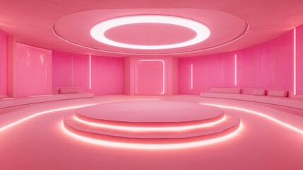 Poster - Pink futuristic room with circular stage and neon lights.