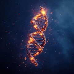 Poster - Fiery DNA strand abstract illustration; genetic code burning concept; digital art; science visualization; future technology; deep blue background; dramatic lighting