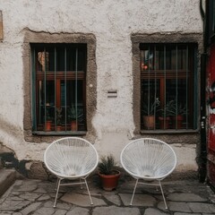 Poster - Two White Chairs and Potted Plants on Stone Patio in Front of Windows with Bars on Textured Wall in Porto Portugal