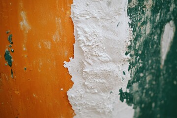 Poster - Abstract wall texture with orange white and green paint layers close up on a weathered surface