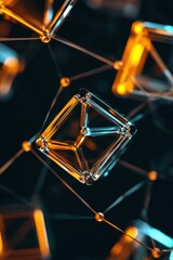 Poster - Abstract Geometric Structure with Metallic Nodes and Lines in Warm Light Close Up Shot