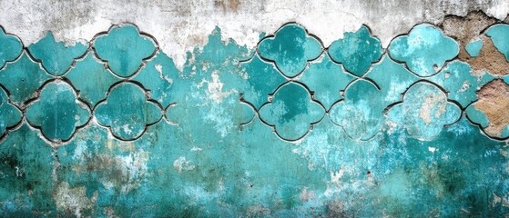 Poster - Distressed Turquoise Wall with Quatrefoil Pattern Close Up Texture Shot in Urban Setting for Grunge Backgrounds