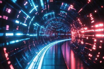 Poster - Glowing red and blue abstract digital tunnel with futuristic lights and curved pathways, Abstract digital tunnel with glowing blue and pink lights