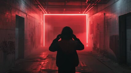 Poster - A young woman with her back turned walks through an abandoned dark room illuminated by red light