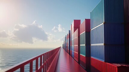 Poster - Cargo ship deck with colorful containers at sea during sunrise.