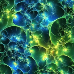 Poster - Abstract fractal art showing glowing network of interconnected cells in shades of blue green and yellow organic feel