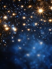 Poster - Sparkling stars in dark blue night sky digital background with bokeh effect and golden light bursts celestial wallpaper for holiday season