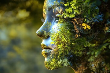 Poster - Human face merges with nature elements to depict the harmony of technology and environment, Human face with nature elements, implying technology and environment fusion