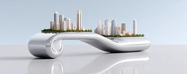 Poster - a futuristic city skyline reflected in the curved glass of a hyper-modern building, distorted yet me