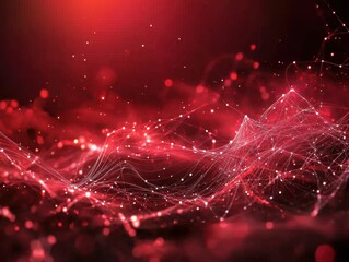 Poster - Abstract red network visualization with connecting dots and lines representing data flow and communication in a modern style