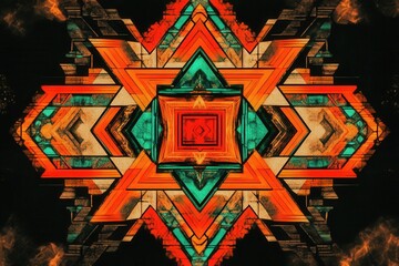 Poster - Geometric Aztec Pattern Design with Orange and Teal Colors in a Symmetrical Artistic Composition