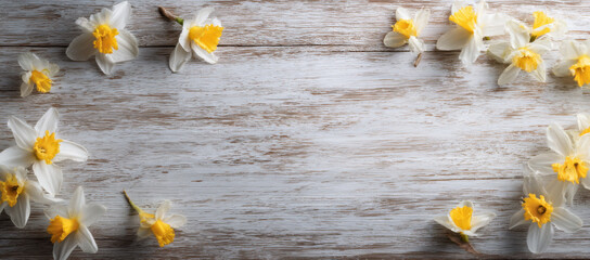Poster - Delicate daffodils arranged on a rustic whitewashed wooden surface, creating a charming spring border with copy space. : Generative AI