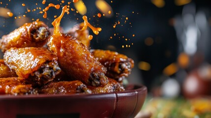 Poster - Close-up of delicious, glazed chicken wings in a rustic bowl with sauce splashing.