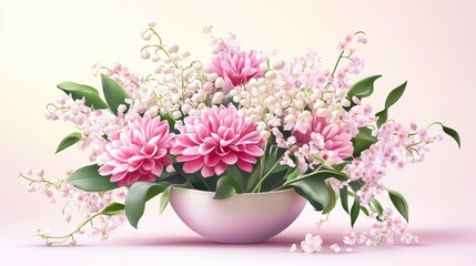 Poster - Elegant pink dahlia and lily of the valley bouquet in a white bowl.