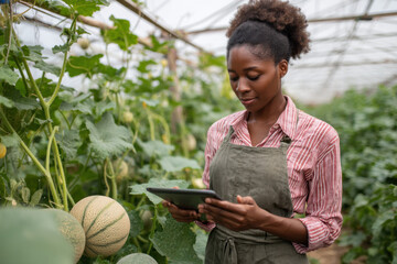 Aufkleber - A young Black female farmer uses a tablet to monitor the growth of cantaloupes in her greenhouse, showcasing modern agricultural technology. : Generative AI
