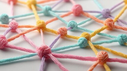 A 4K photo of colorful knotted threads network on white, pastel background; connection concept.