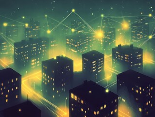 Poster - Futuristic Cityscape at Night with Glowing Networks Connecting Buildings Digital Art Illustration