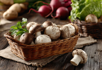 Aufkleber - A wicker basket brimming with fresh brown and white mushrooms sits on a rustic wooden table, alongside sprigs of parsley and blurred background of other vegetables. : Generative AI