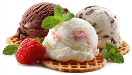 Poster - Three scoops of delicious ice cream, chocolate, vanilla strawberry, and chocolate chip, served on a crispy waffle with fresh mint and strawberry. : Generative AI