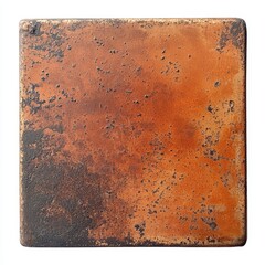 Poster - Square tile close up overhead shot showing orange surface with black spots and texture on white background