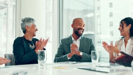 Poster - Business man, thanks and smile at meeting with celebration, excited and success with promotion at office. Person, achievement and gratitude with praise, goals and revenue increase at finance agency