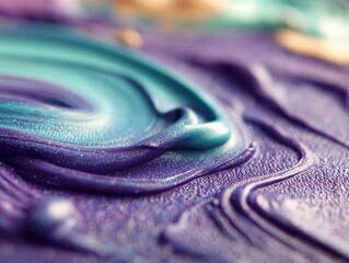 Poster - Abstract macro shot of shimmering teal and purple paint swirling on textured surface artistic background