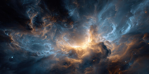 Poster - Cosmic Nebula: A swirling vortex of blue, orange, and gold gaseous clouds in deep space, illuminated by a bright central core, creating a dramatic and ethereal celestial scene. : Generative AI