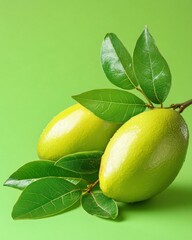 Poster - Fresh green jujube fruits on branch close up studio shot against green background healthy food concept still life