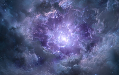 Poster - A vibrant nebula swirls in deep space, its purple and blue hues illuminated by a radiant core, creating a cosmic spectacle of swirling gas and dust. : Generative AI