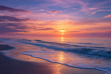 Poster - Serene sunrise over the ocean, painting the sky with vibrant hues of orange, pink, and purple, as gentle waves caress the sandy beach. : Generative AI