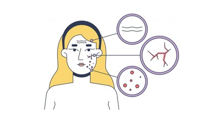 Poster - Blonde woman skin problems face diagram 2D animation. Fine lines, broken capillaries, acne spots. Caucasian white female animated character cartoon flat concept metaphor 4K video isolated on white