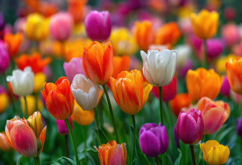 Poster - Vibrant orange, pink, and white tulips bloom in a lush spring garden, creating a breathtaking display of colorful flowers. : Generative AI